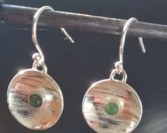 Green moss agate and silver drop earrings, hammered drops, handmade in the UK, postal gifts