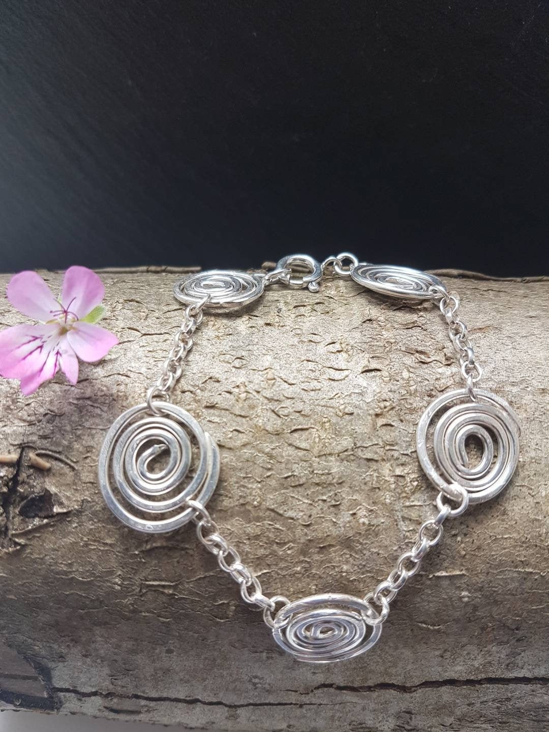 Handmade Silver Bracelet, Swirls, Swirl & Chain Handmade Jewellery, Contemporary Silver, Made in The UK