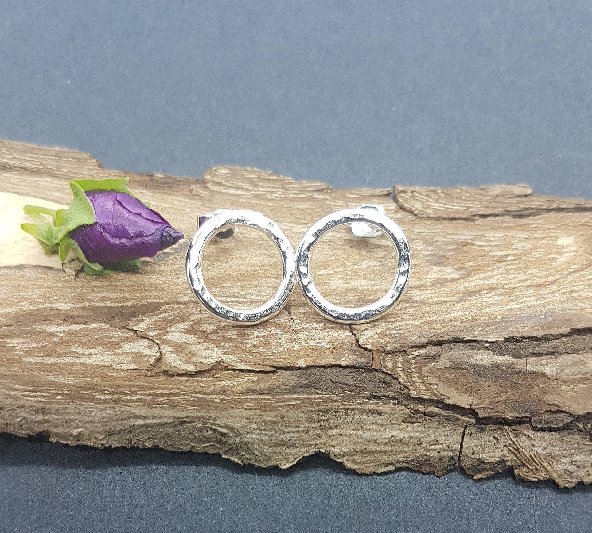 Silver Circle Studs, Handmade Silver Stud Earring, Hammered Earrings, Contemporary Design, Made in UK