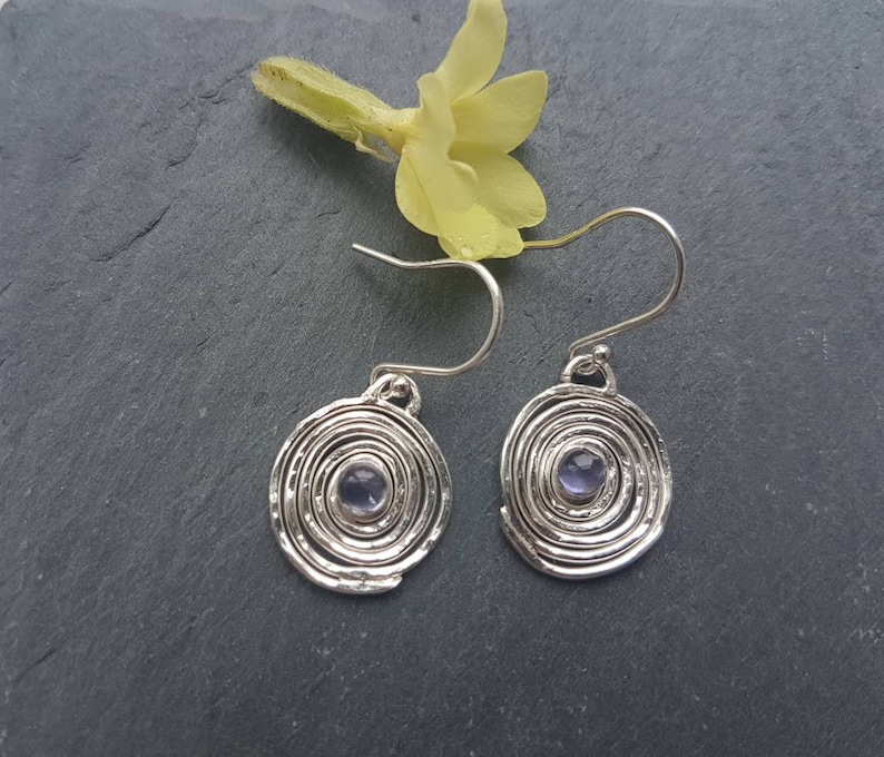 contemporary drop earrings iolite gemstone earrings Silver swirl drop earrings handmade in the UK