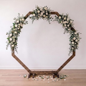 Octagon wedding arch, wooden backdrop, centrepiece stand, wedding arbor