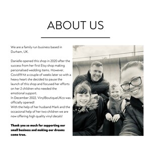 May include: A family of four, including two young children, smiles for a photo. The family runs a small business called Vinyl BoutiqueUKco, which makes custom vinyl decals. The text "ABOUT US" is at the top of the image.