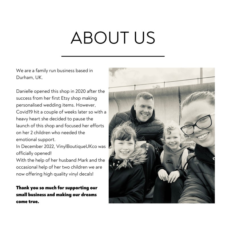 May include: A family of four, including two young children, smiles for a photo. The family runs a small business called Vinyl BoutiqueUKco, which makes custom vinyl decals. The text "ABOUT US" is at the top of the image.