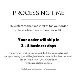 May include: Text graphic with the words "PROCESSING TIME" in black text. The text explains that the processing time for an order is 3-5 business days. The text also includes an email address for vinylboutiqueuk@gmail.com and instructions to include the order number in the subject line.