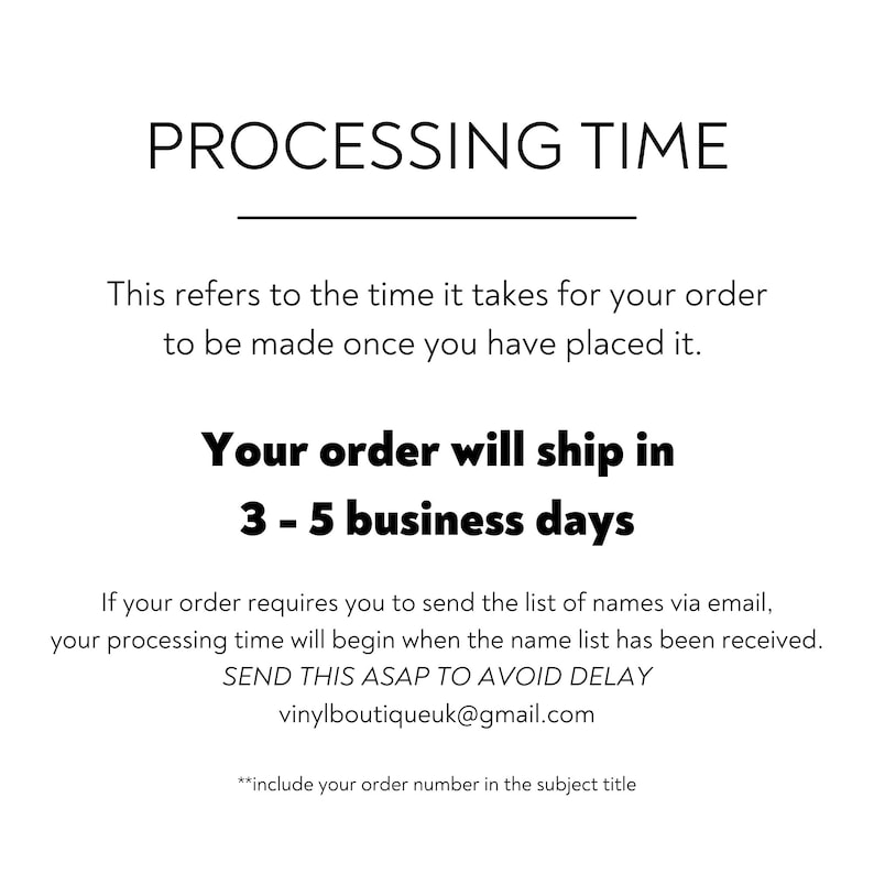 May include: Text graphic with the words "PROCESSING TIME" in black text. The text explains that the processing time for an order is 3-5 business days. The text also includes an email address for vinylboutiqueuk@gmail.com and instructions to include the order number in the subject line.
