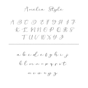 May include: A handwritten alphabet in a cursive font style called "Amelia". The alphabet includes uppercase and lowercase letters.