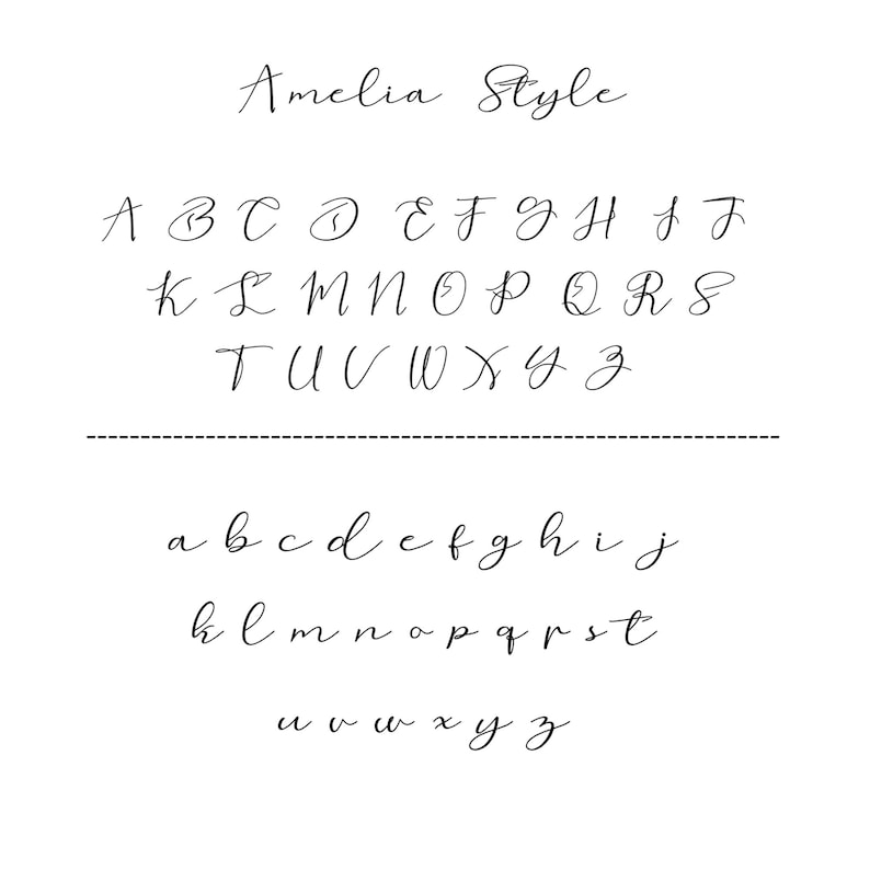 May include: A handwritten alphabet in a cursive font style called "Amelia". The alphabet includes uppercase and lowercase letters.