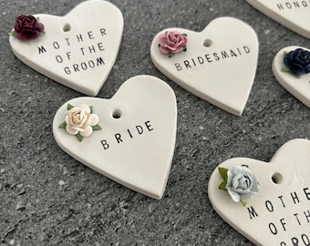 CLEARANCE personalised clay hearts, bridesmaid present, bridesmaid proposal gift idea, handmade wedding day hanger tags, hen party favours,