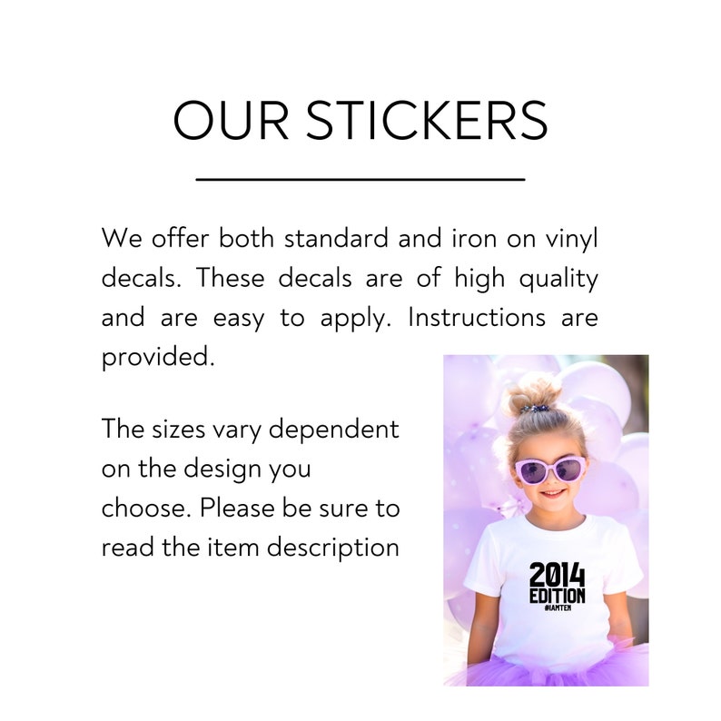 May include: A young girl wearing a white t-shirt with the text "2014 Edition Panther" printed on it. She is holding purple balloons and wearing sunglasses. The image is for a sticker shop.