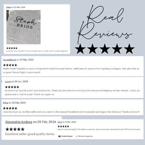 May include: Five-star reviews for a small business selling custom vinyl decals. The reviews highlight the ease of application, quality, and excellent customer service. One review mentions using the decals on satin pajamas.