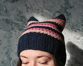 Knitted hat woman Beanie hat Cat Hat Hand Knit hat cat ears Wool Hat Knitting accessories Womens hat Hand knitted beanie hat Unusual alpaca