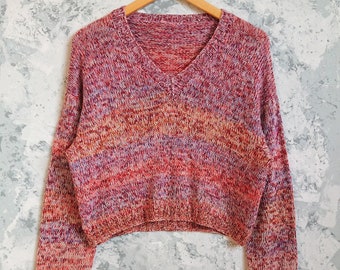Multicolor Knitted Sweater, Womens Knit Sweater, Hand knitted Pullover, V neck Sweater, Cropped Merino Wool Sweater, Unique Gift for Her