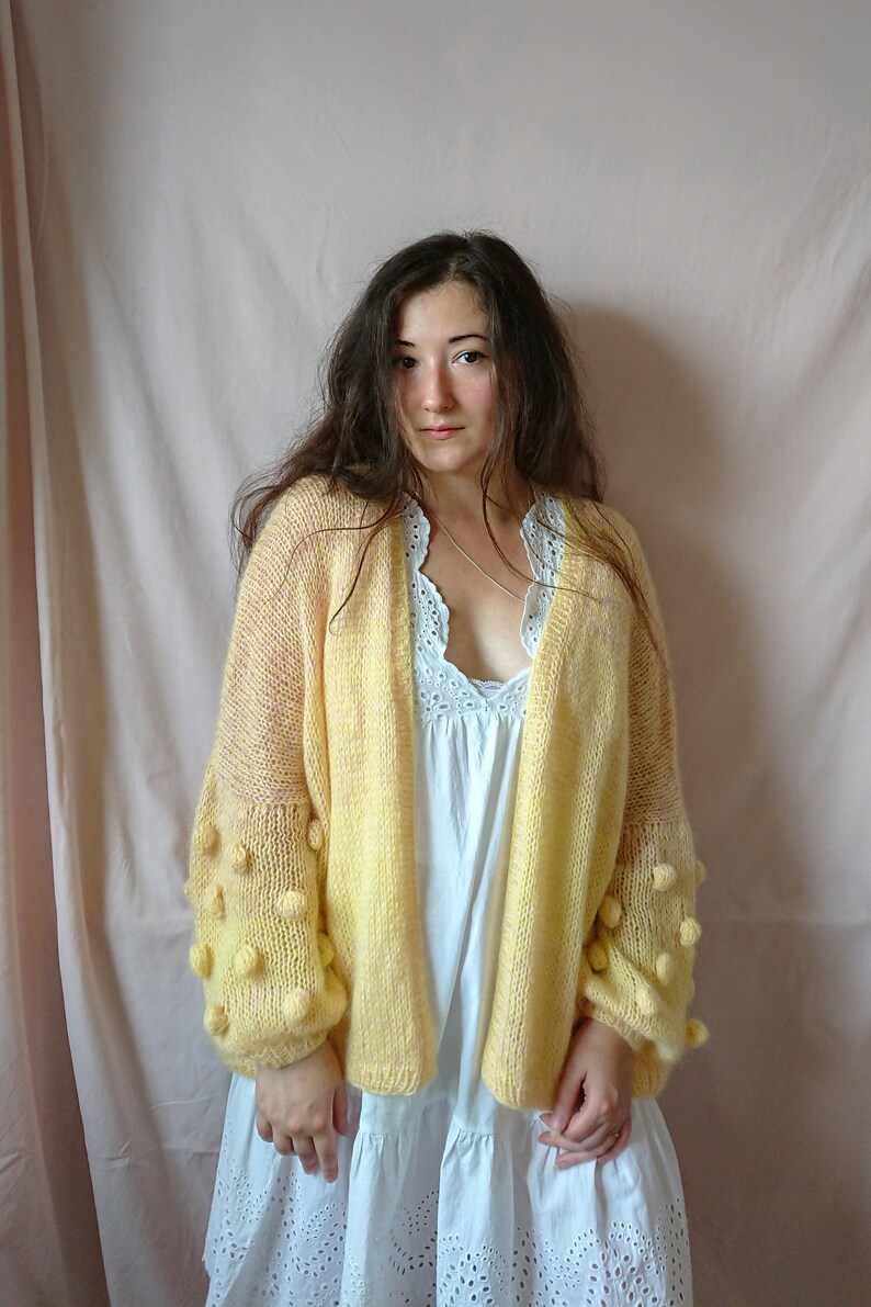 Airy mohair knit cardigan, bubble sleeve cardigan, Oversized spring summer cardigan, Women sweater, Gift for her, Alpaca cardigan image 4