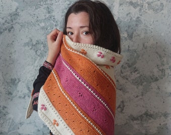 Knitted multicolor wool shawl with embroidery and lace edge in ukrainian rustic style