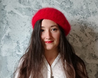 Beret hat for womens, Hand knit hat, Angora rabbit hat, French beret