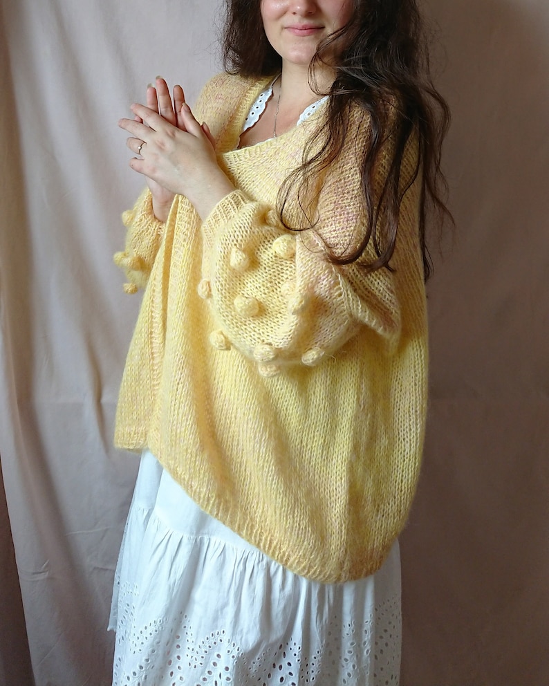 Airy mohair knit cardigan, bubble sleeve cardigan, Oversized spring summer cardigan, Women sweater, Gift for her, Alpaca cardigan image 1