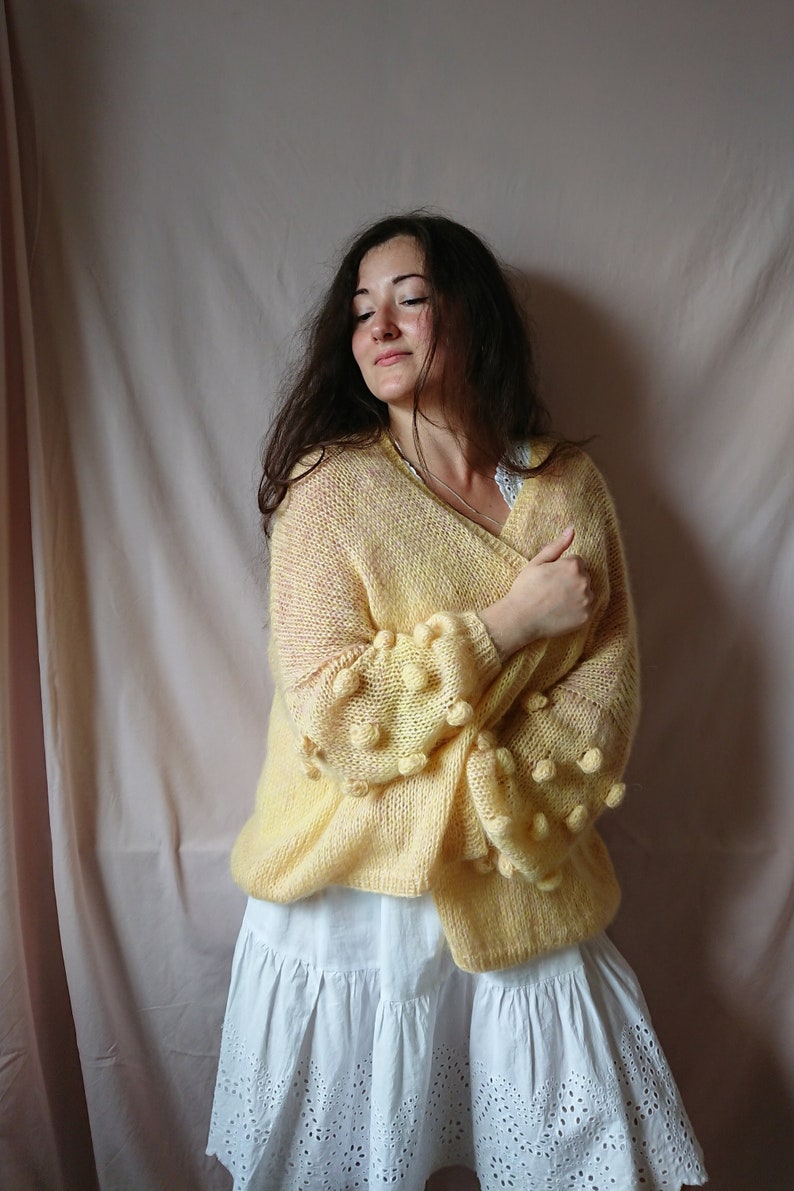 Airy mohair knit cardigan, bubble sleeve cardigan, Oversized spring summer cardigan, Women sweater, Gift for her, Alpaca cardigan image 2