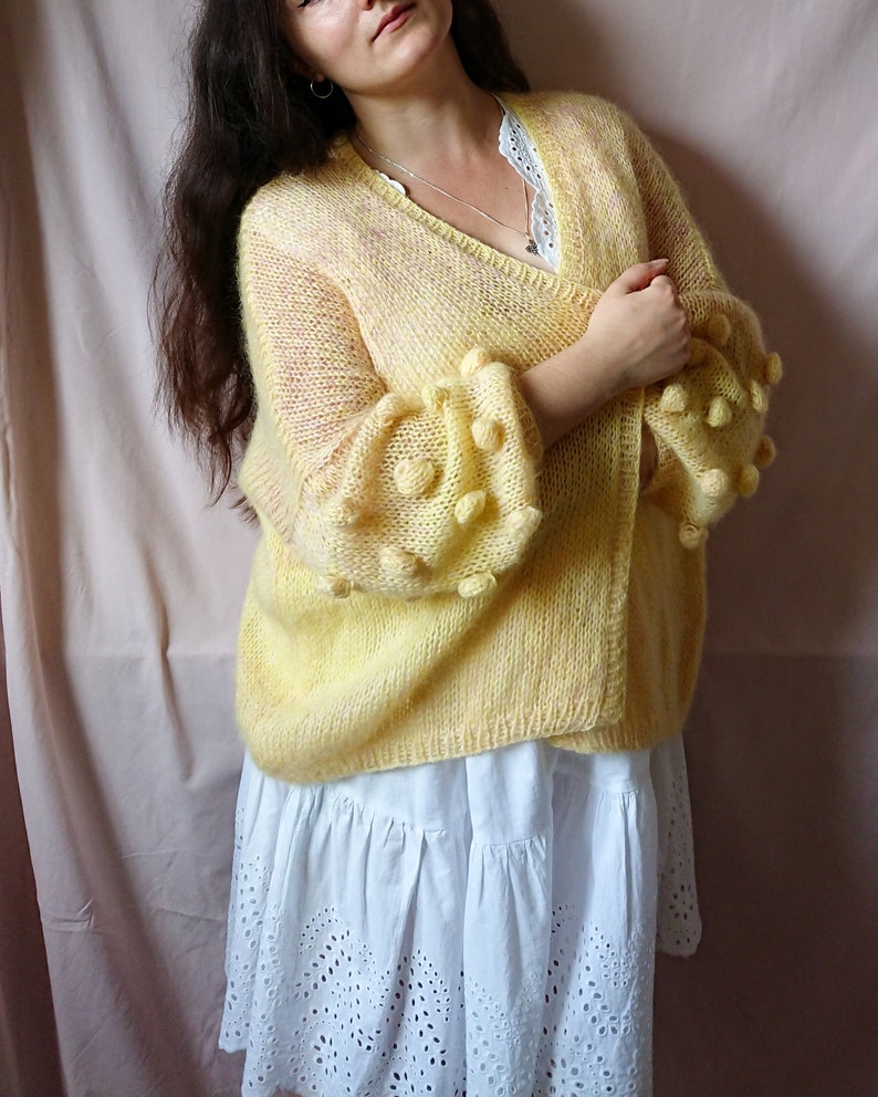 Airy mohair knit cardigan, bubble sleeve cardigan, Oversized spring summer cardigan, Women sweater, Gift for her, Alpaca cardigan image 7