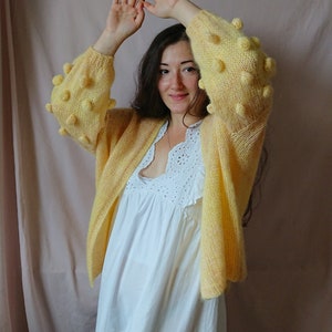 Airy mohair knit cardigan, bubble sleeve cardigan, Oversized spring summer cardigan, Women sweater, Gift for her, Alpaca cardigan image 3