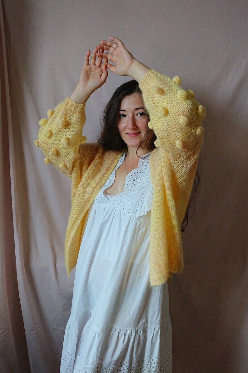 Airy mohair knit cardigan, bubble sleeve cardigan, Oversized spring summer cardigan, Women sweater, Gift for her, Alpaca cardigan image 3