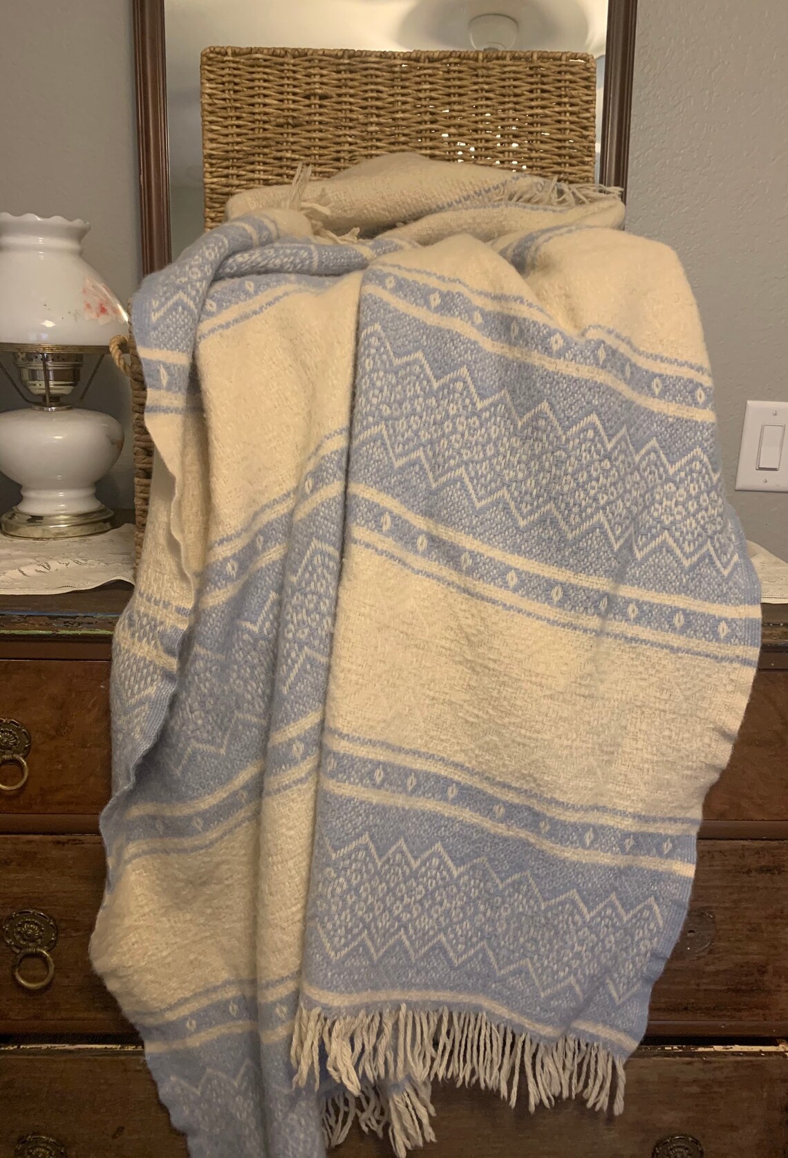 Vintage light blue and cream wool blanket pastel blue wool Etsy