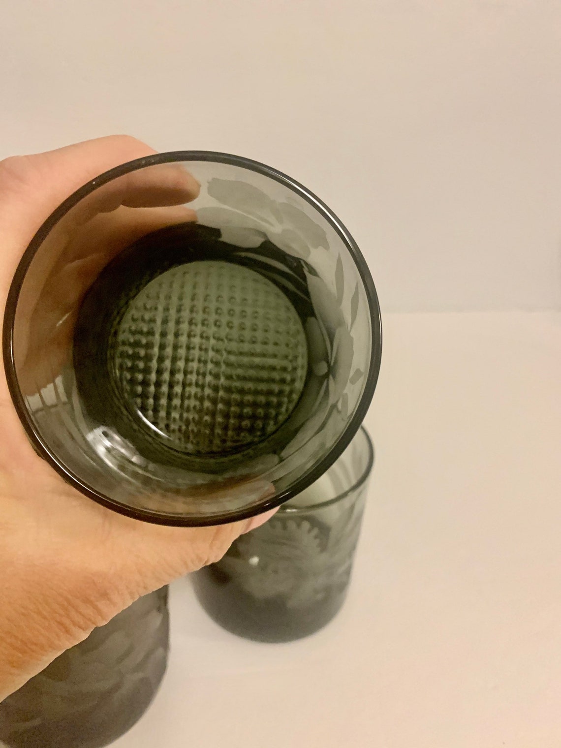 Vintage MCM Smokey grey tumblers with etched flower design Etsy