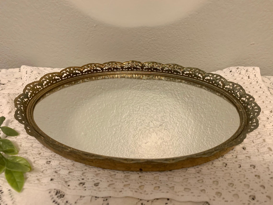 Vintage gold oval vanity mirror/ tray retro gold filagree Etsy