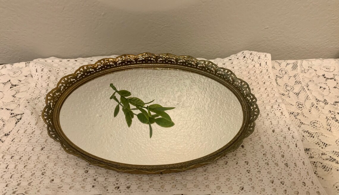 Vintage gold oval vanity mirror/ tray retro gold filagree Etsy