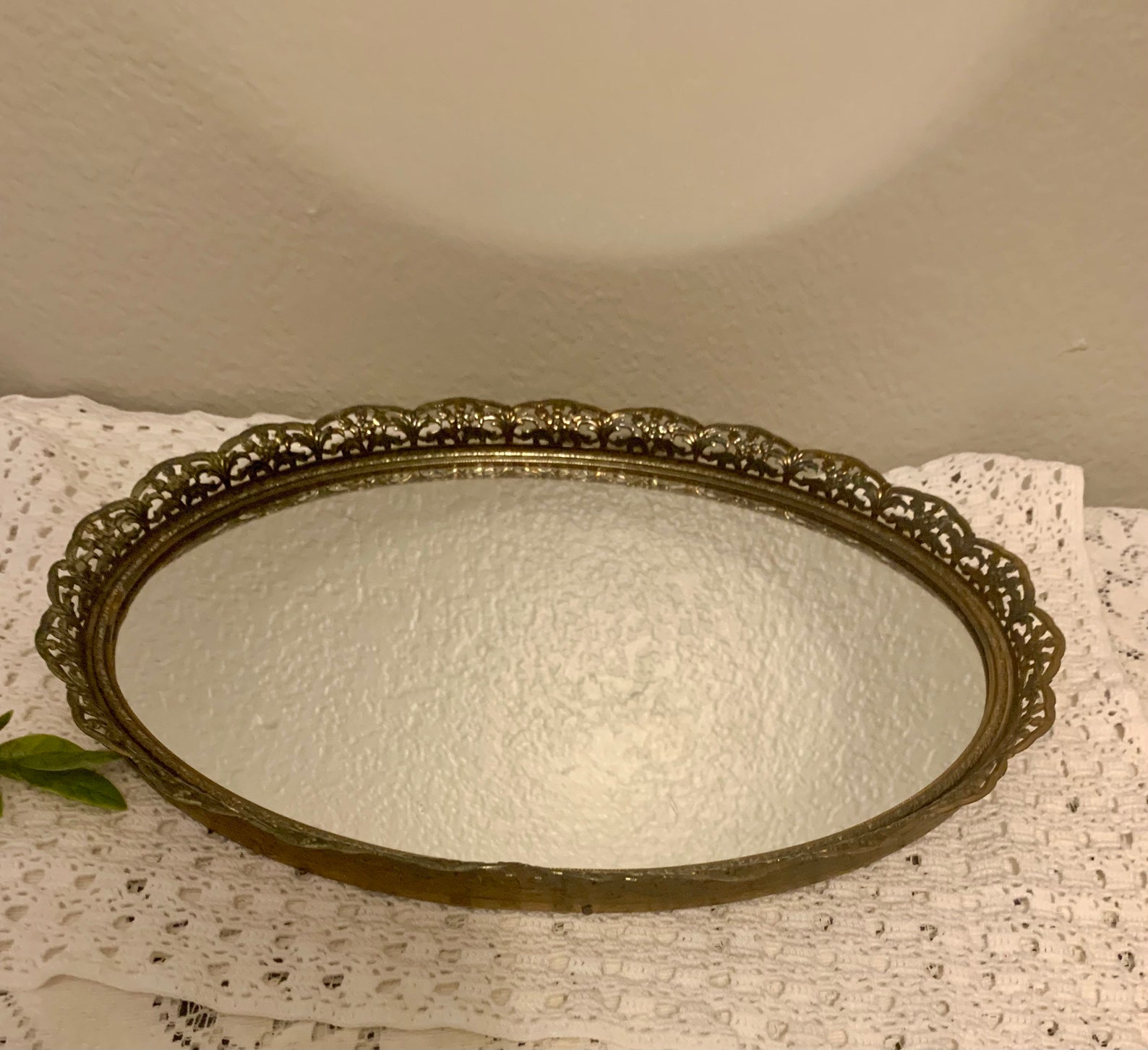 Vintage gold oval vanity mirror/ tray retro gold filagree Etsy