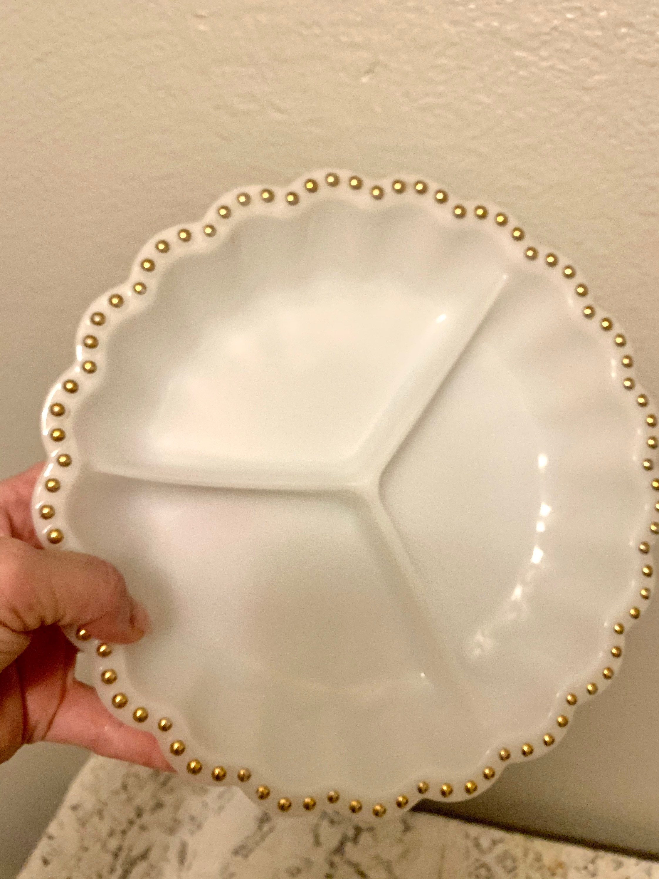 Vintage Milk Glass Divided Serving Dish With Gold Dotsretro Etsy
