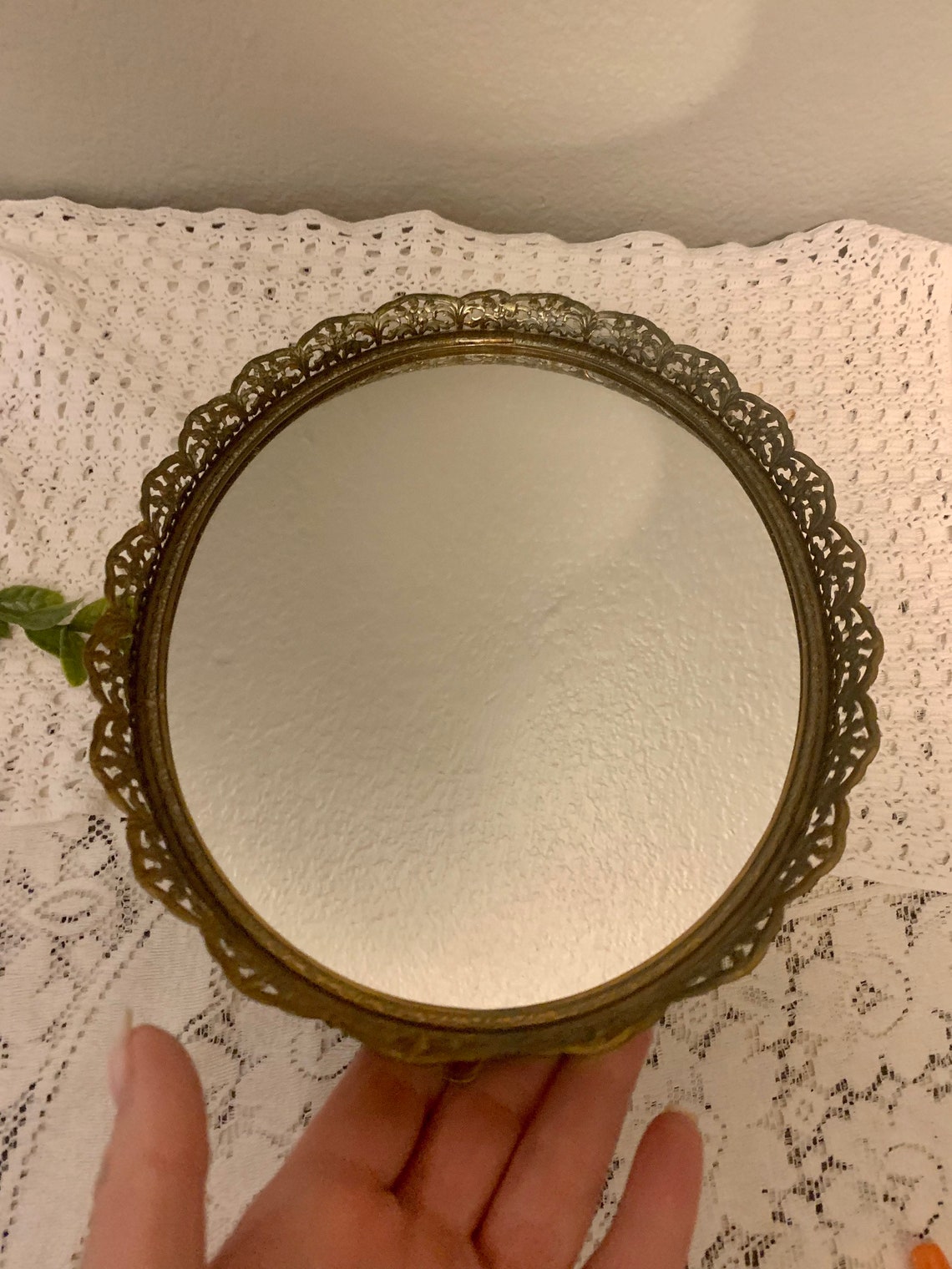Vintage gold oval vanity mirror/ tray retro gold filagree Etsy