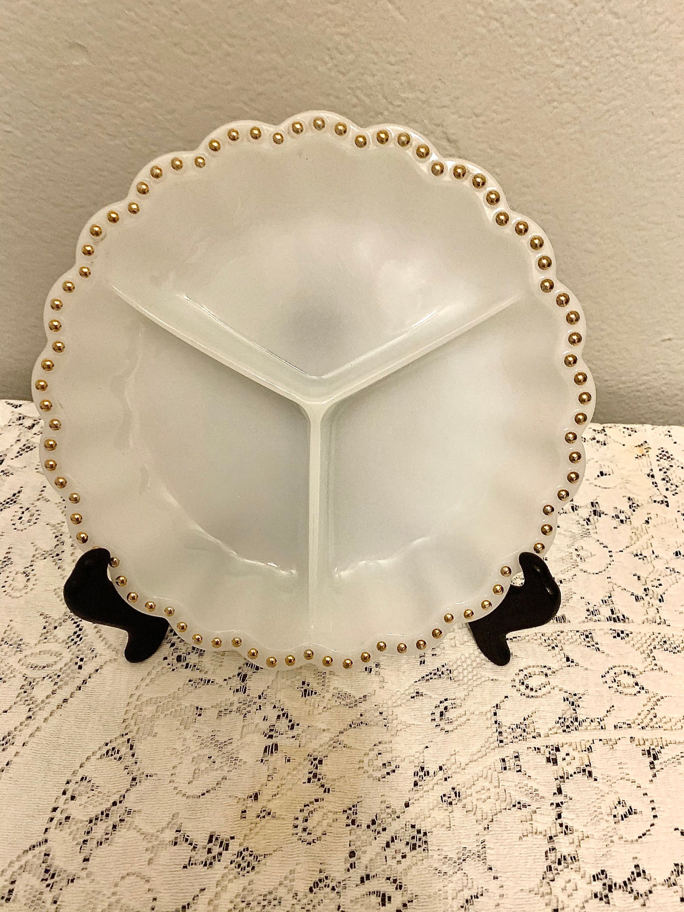 Vintage Milk Glass Divided Serving Dish With Gold Dotsretro Etsy