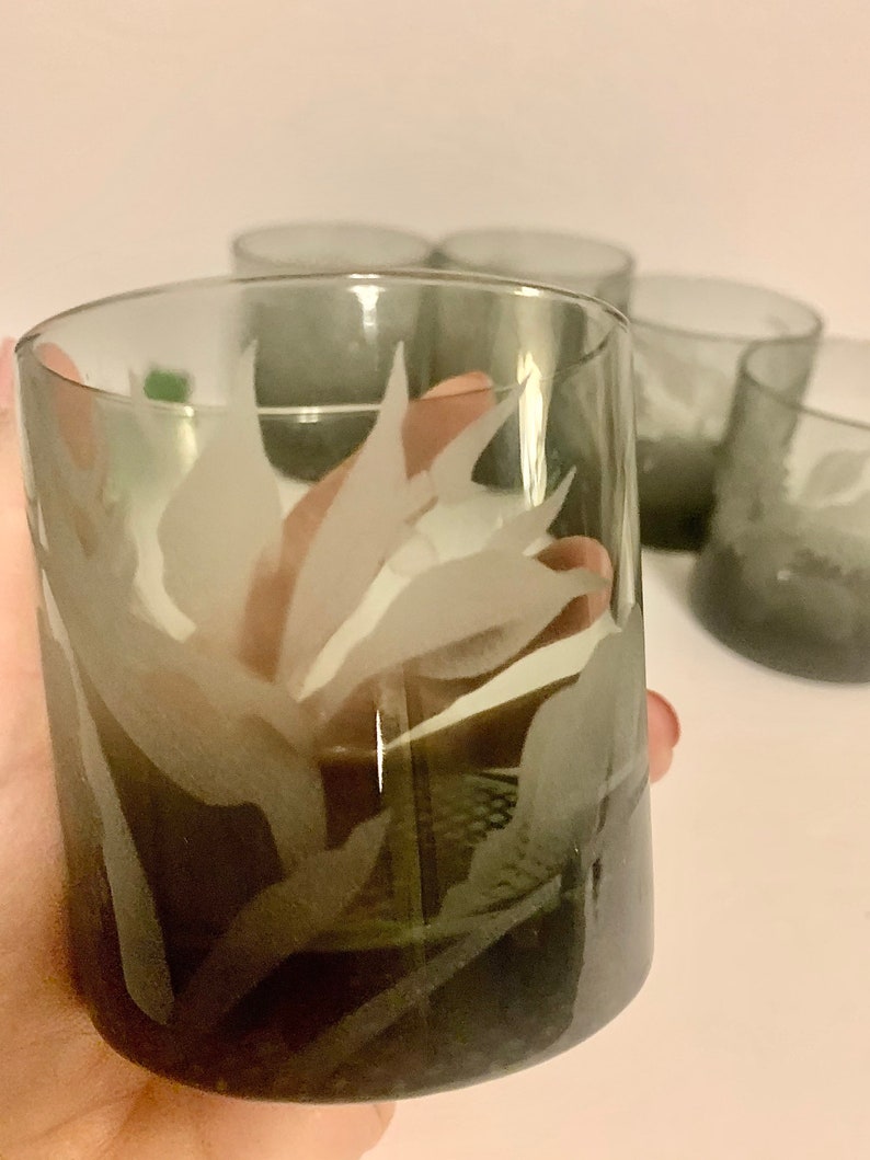 Vintage MCM Smokey grey tumblers with etched flower design retro set of 6 Smokey grey glasses with etched orchid design MCM tumblers