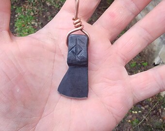Hand-Forged Steel Axe Pendant with Copper Wire Wrap • Nordic Rune Necklace • Viking Amulet • Rustic Handmade Jewelry