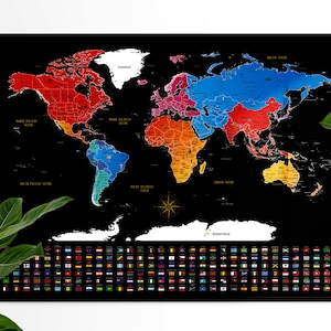 Poster carte du monde à gratter + carte de l'Europe GRATUITE, accessoires et tube cadeau | Carte détaillée avec des points de repère, des drapeaux et de belles couleurs, stuffer