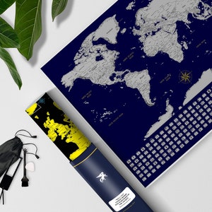 Poster carte du monde à gratter + carte de l'Europe GRATUITE, accessoires et tube cadeau | Carte détaillée avec des points de repère, des drapeaux et de belles couleurs