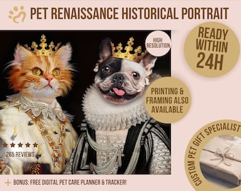 Portrait d'animal de compagnie historique de la Renaissance de chef-d'œuvre personnalisé, art victorien des animaux de compagnie pour les amoureux des animaux de compagnie, représentations vintage royales, peintures classiques