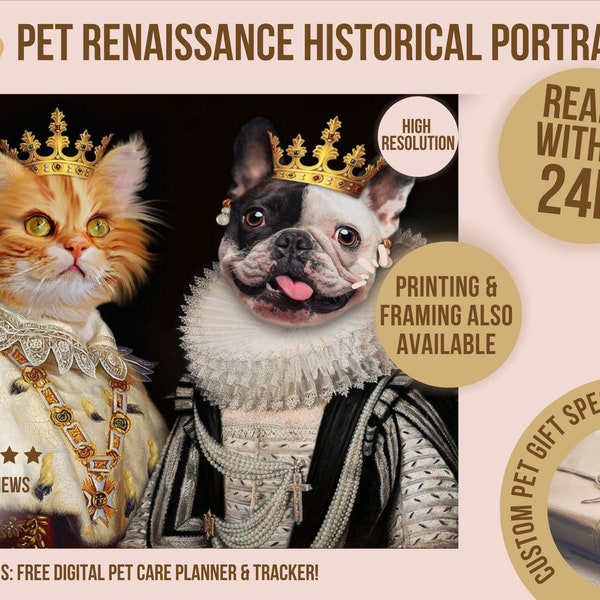 Custom Masterpiece Renaissance Historical Pet Portrait, Victorian Art of Pets for Pet Lovers, Regal Vintage Portrayals, Classical Paintings