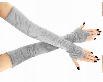 Gray velvet gloves extra long fingerless gloves womens arm warmers formal over elbow gloves evening opera gloves plus size available