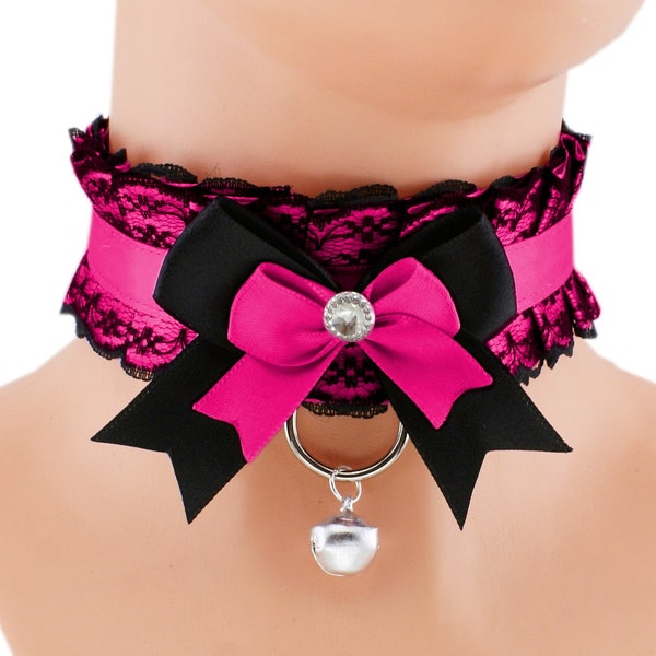 Fuchsia kitten pet play collar satin lace choker necklace with black lace ring, bow and bell, handmade, I have several colors and sizes