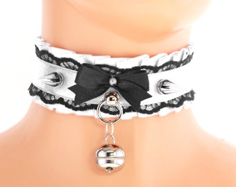 White black kitten human petplay collar gear choker lace necklace bell bow satin steampunk spikes puppyplay petplay goth gothic costume