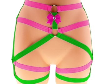 Neon pink green harness elastic strappy lingerie stretch high waisted cage hips fashion ring bow cosplay kawaii pastel belt nightgown panty