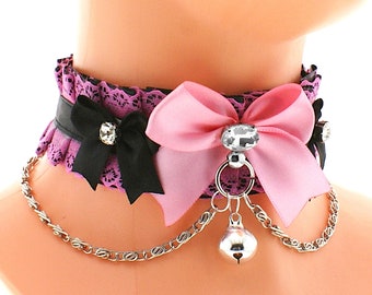 Kitten petplay collar pink black satin lace choker chain necklace with lace ring bow and bell handmade gift I have several colors and sizes