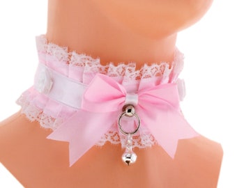 Baby pink kitten pet play collar gear choker necklace white lace pink bow with kawaii princess neko cute chokers petplay gift made to order