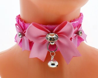 Pink kitten pet play collar, satin lace necklace with lace ring, kawaii neko day bow and bell choker, handmade gift, made to order