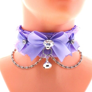 Kitten pet play collar purple satin choker chain necklace with organza ring, bow pendant bell choker kawaii neko pastel  handmade gift