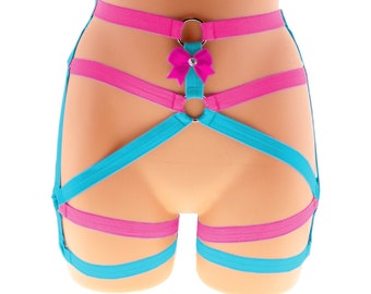 Pink turquoise harness elastic strappy lingerie stretch high waisted cage hips fashion ring bow cosplay kawaii pastel belt panty