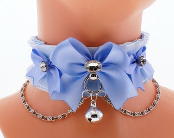 Blue kitten petplay collar satin choker chain necklace with white organza ring bow and bell, handmade, I have several colors and sizes
