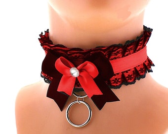 Collar red satin choker necklace with black lace O ring bow kawaii costume cosplay neko girls made to order handmade gift