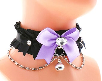 Kitten petplay collar black satin choker chain necklace with organza ring purple bow and bell, handmade, I have several colors and sizes